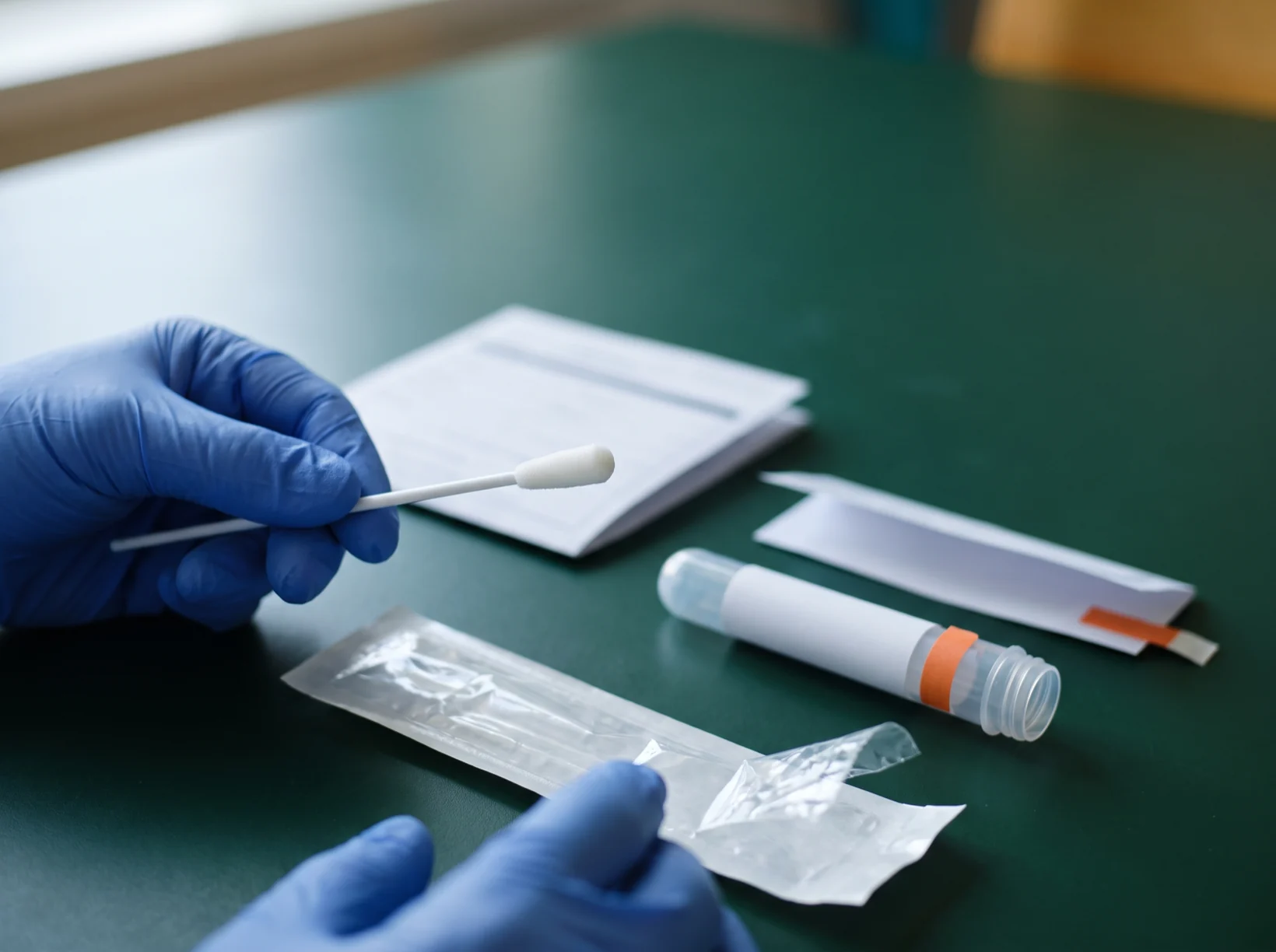 A gloved collector holds an oral fluid swab above a sealed collection tube and a printed form.